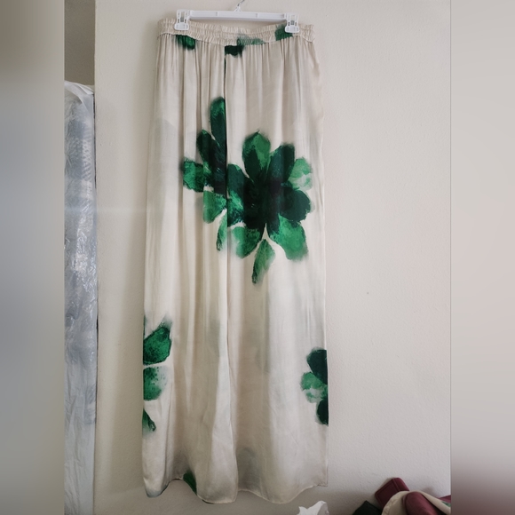 ZARA Co-ord Set Flowy Shirt & pajama Pants ZW Collection Floral Ecru/green Sz XL - Picture 9 of 12